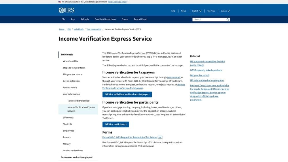Screenshot of IRS Income Verification Express Service (IVES) website