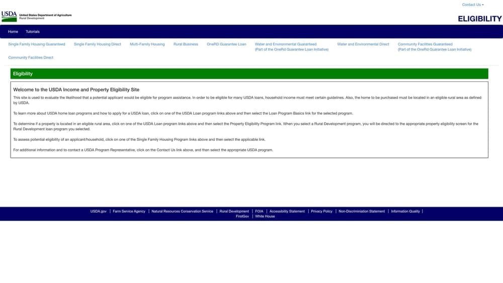 Screenshot of USDA Rural Development Property Eligibility Map website